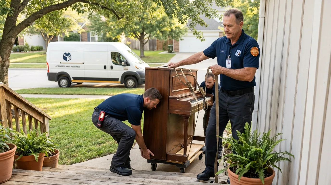 Licensed piano movers securing grand piano in Grand Junction, CO