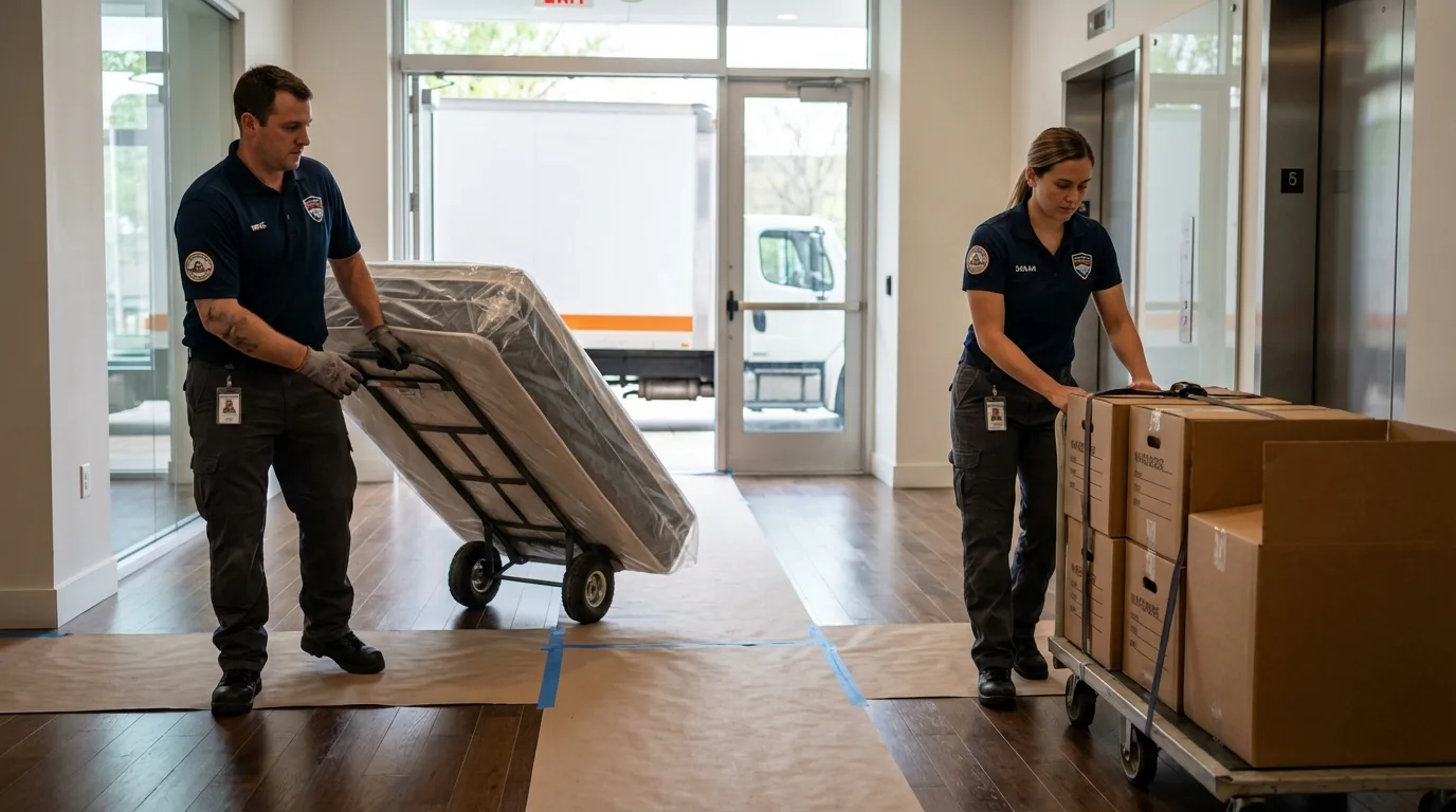 Professional apartment movers loading elevator in Grand Junction, CO