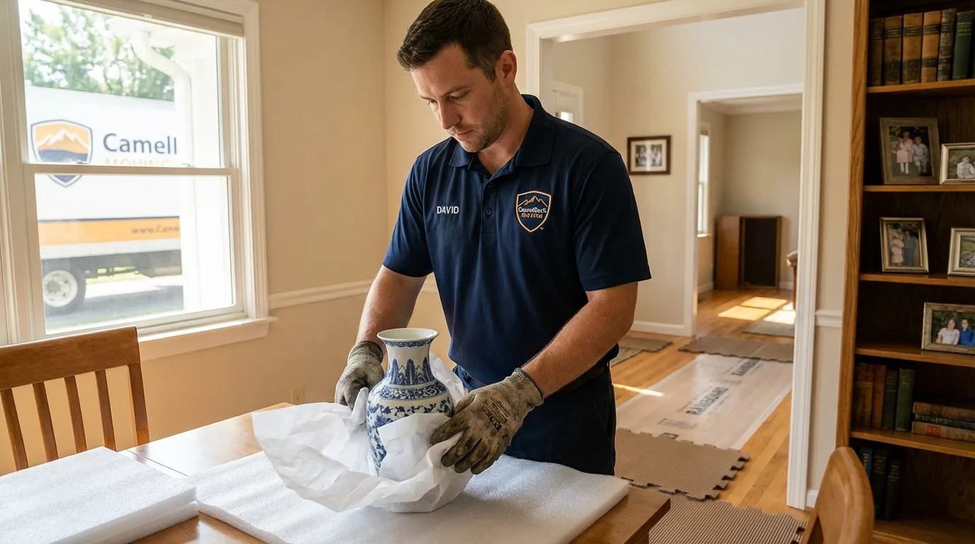 Professional crew carefully wrapping antique vase for senior downsizing move in Grand Junction, CO